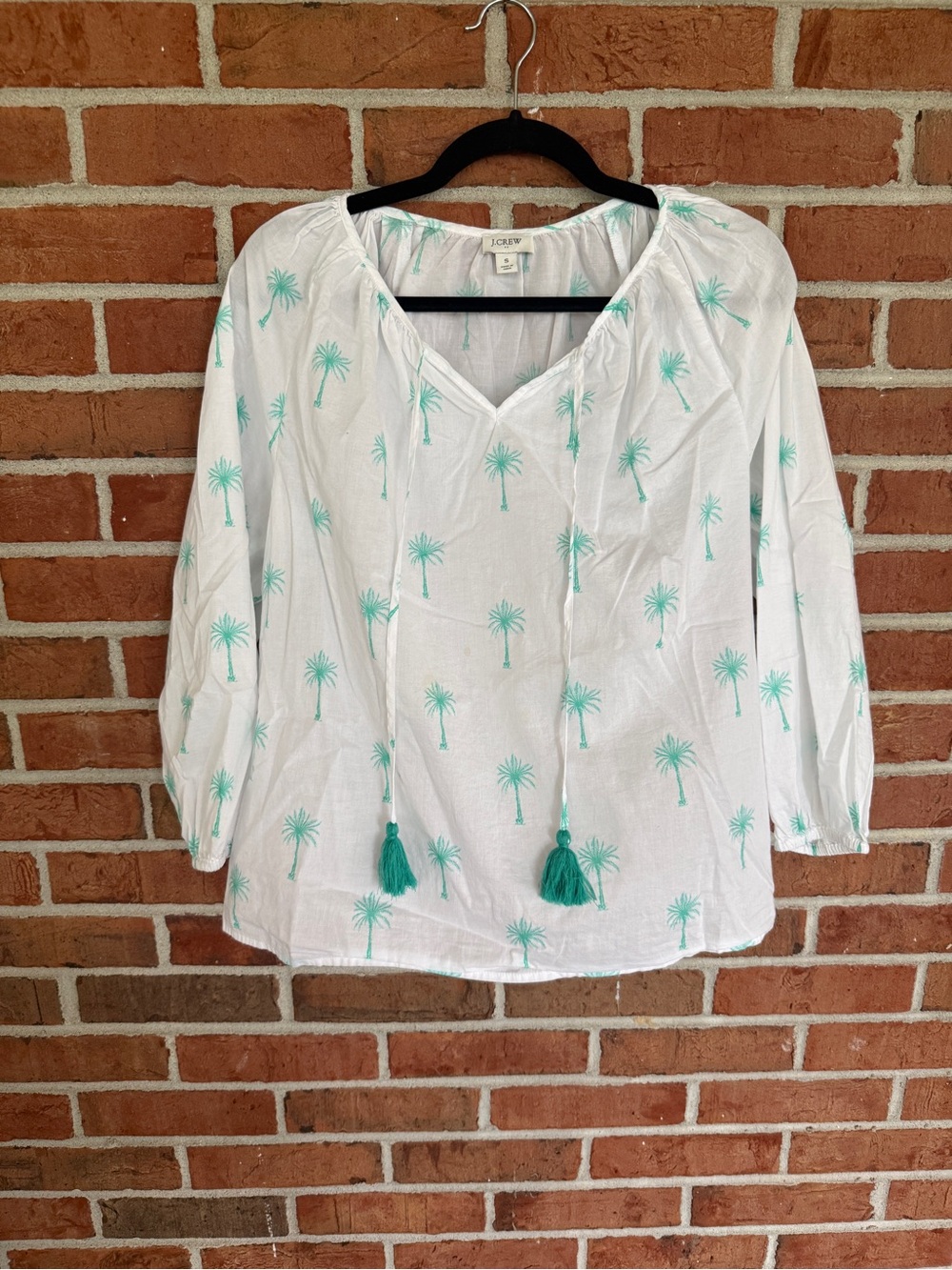 J. Crew White Palm-Print Peasant Tunic with Teal Tassels